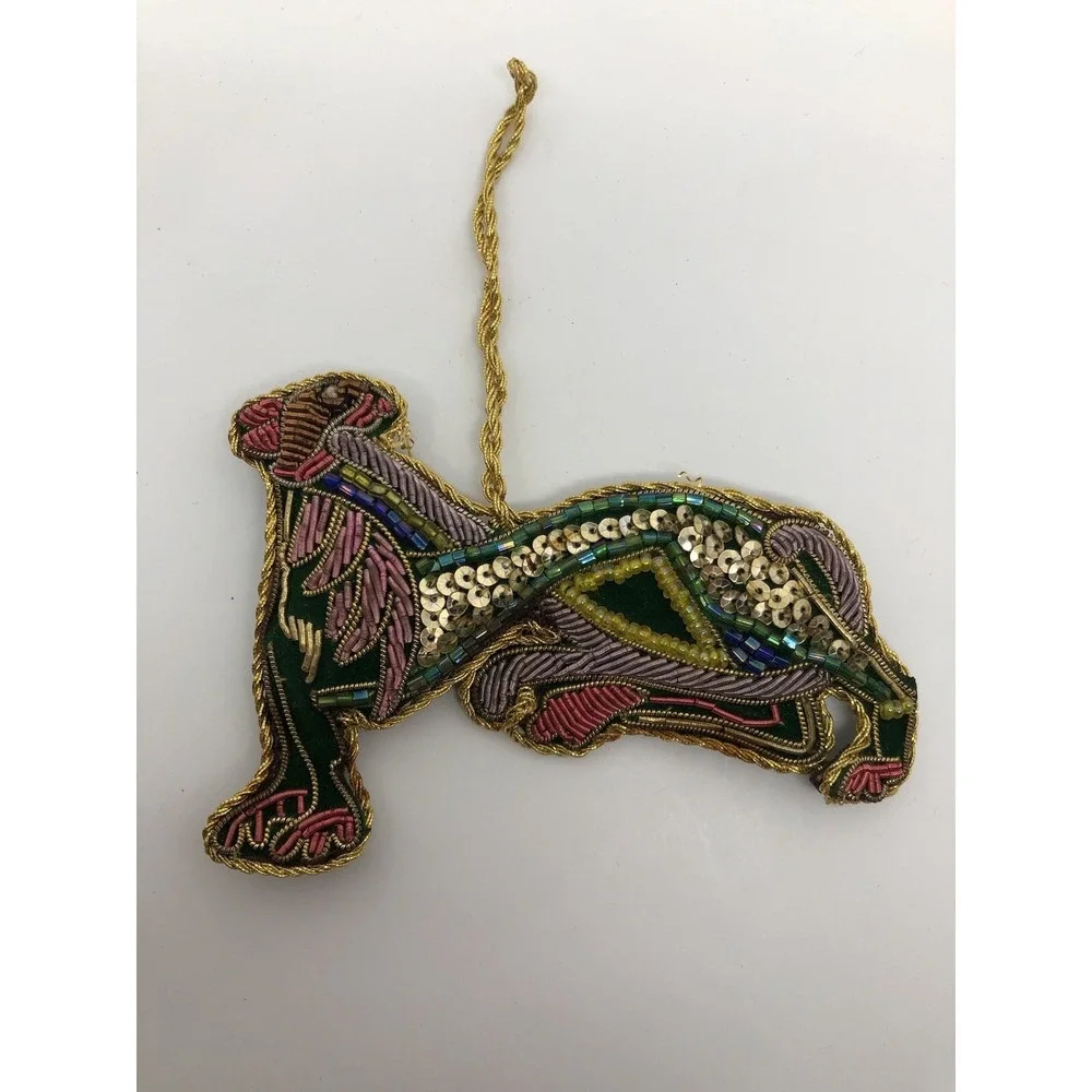 Vintage Raised Beadwork On‎ Felt Ornament Lion Large Cat Christmas Decoration